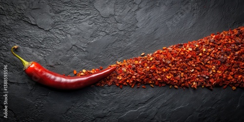 Aromatic Red Chili Pepper and Crushed Chili Flakes on Dark Stone Surface