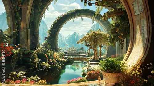 Tranquil Fantasy Landscape with Lush Gardens and Serene Waterfall
