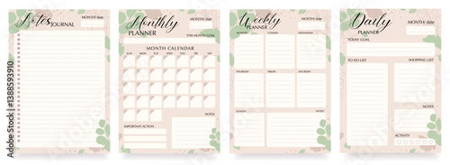 Set of planners monthly, daily, weekly, notes page, with leaves , nature, green and brown colours, template,  blank, checklist, reminder, organiser, vector illustration
