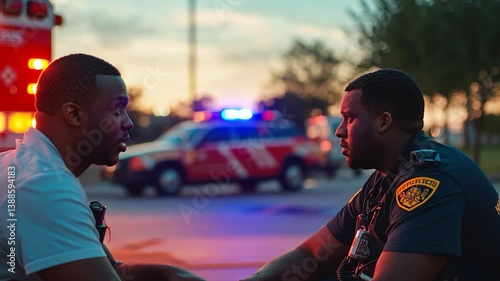 Two emergency responders engaged in conversation during sunset near vehicles