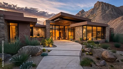 Desert Oasis: A Modern Luxury Home Blending Seamlessly with the Arid Landscape at Sunset