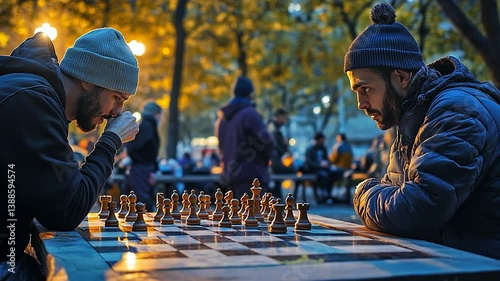 Two men intensely playing chess in a park during sunset, surrounded by trees