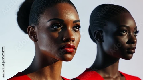 Two models showcasing striking beauty and diverse features in a studio setting, emphasizing elegance and fashion