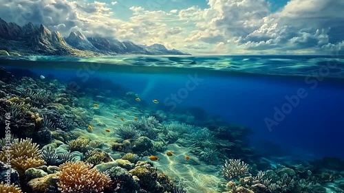 Underwater Scene with Coral Reef and Colorful Fish in Clear Ocean