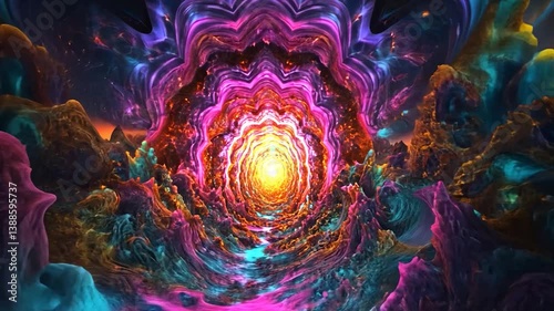 Vibrant Cosmic Tunnel with Swirling Colors and Radiant Light Source