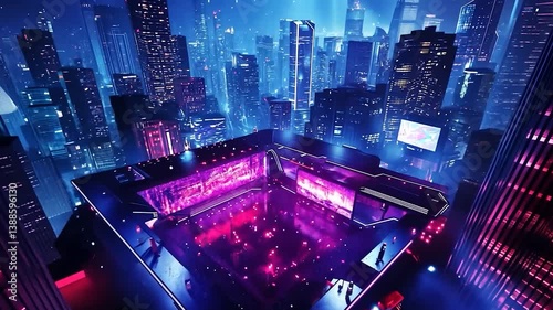 Vibrant Nightlife in a Futuristic Cityscape with Rooftop Party Atmosphere