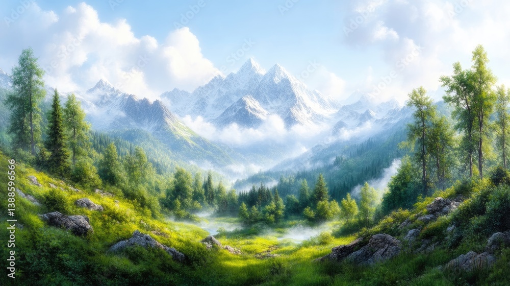 Fototapeta premium Majestic mountain range bathed in sunlight, lush valley, and misty atmosphere