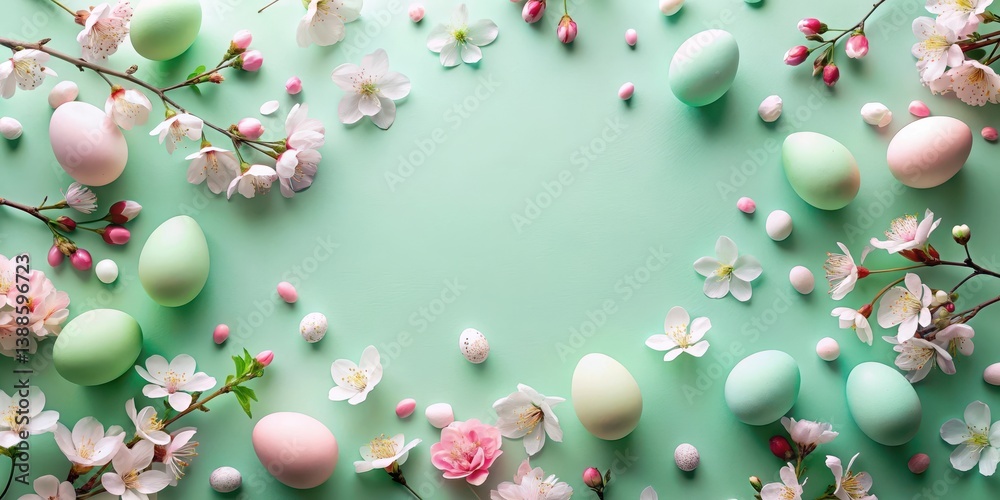 Pastel Easter Eggs and Delicate Spring Blossoms Arranged on a Mint Green Background
