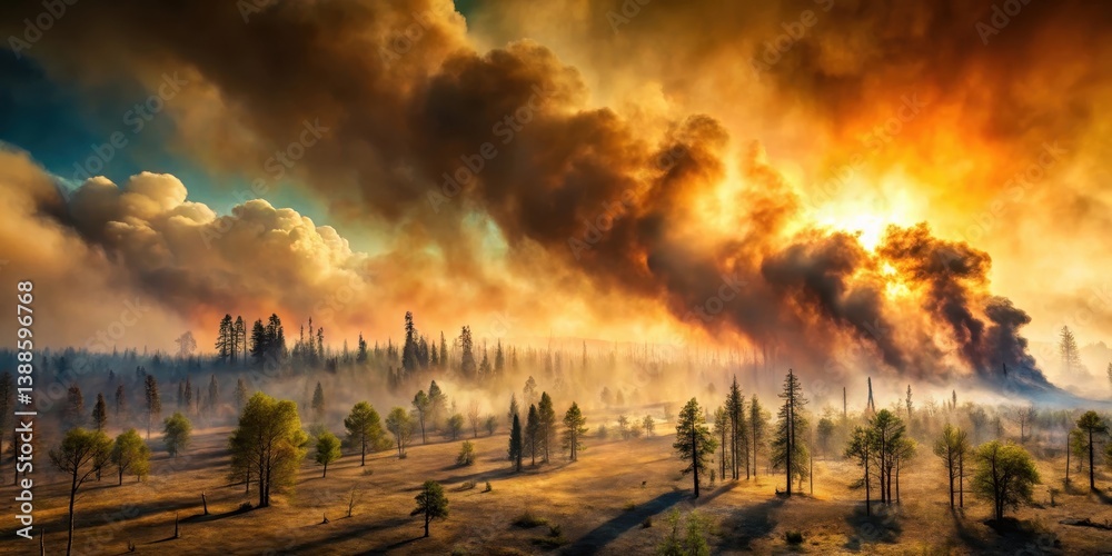 Fiery Sunset Over a Forest Landscape with Smoke and Embers in the Distance