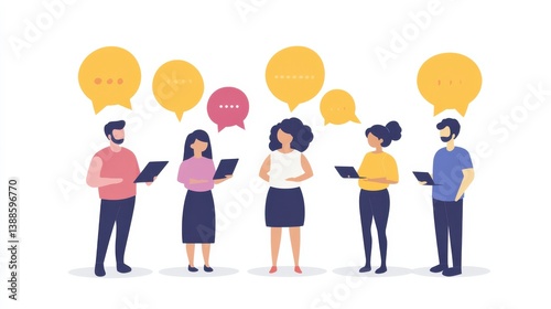 Group of Diverse People Engaging in Discussion with Speech Bubbles