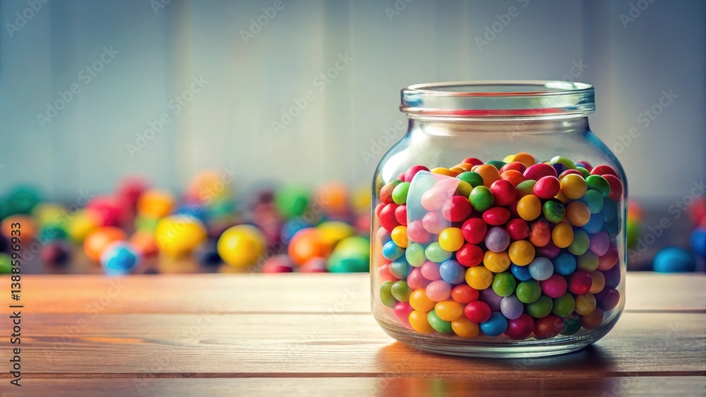 A glass jar filled to the brim with an assortment of colorful candy rests on a rustic wooden surface, a blurred background of similar sweets adding to the vibrant scene.