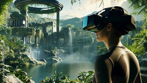 Woman in VR headset exploring a lush, futuristic landscape with waterfalls