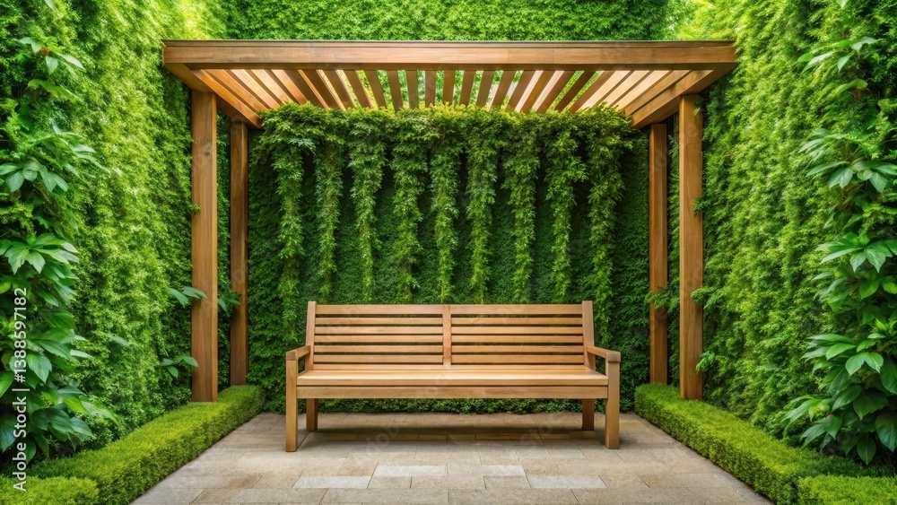 Serene Garden Sanctuary Wooden Bench Beneath a Lush Green Living Wall and Wooden Pergola