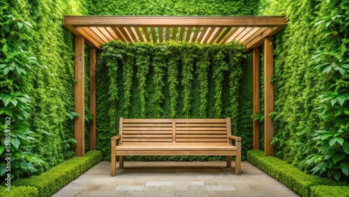 Obraz na płótnie Serene Garden Sanctuary Wooden Bench Beneath a Lush Green Living Wall and Wooden Pergola w salonie