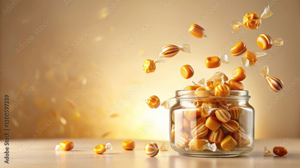 Sweet Delights Caramel Candies Falling into a Glass Jar on a Soft Background