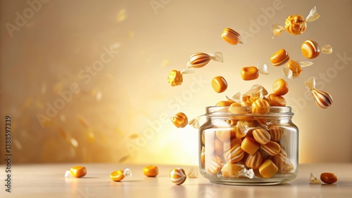 Obraz na płótnie Sweet Delights Caramel Candies Falling into a Glass Jar on a Soft Background w salonie