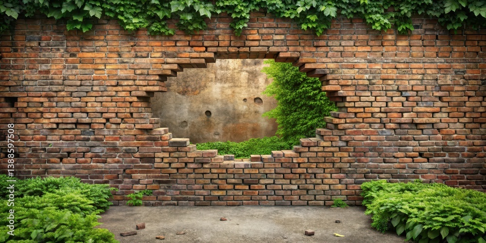 A weathered brick wall with a large, irregularly shaped hole revealing lush greenery and a textured surface beyond