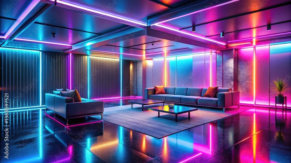 Vibrant Neon Lighting Illuminates a Modern Lounge Area with Sleek Furniture and Reflective Flooring