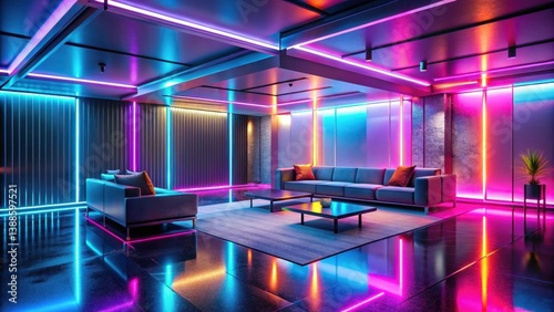 Obraz na płótnie Vibrant Neon Lighting Illuminates a Modern Lounge Area with Sleek Furniture and Reflective Flooring w salonie