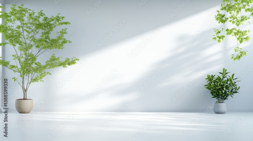 Obraz premium Two potted plants casting shadows on a minimalist white wall, bright sunlight streaming through windows, and indoor greenery and natural light concept.