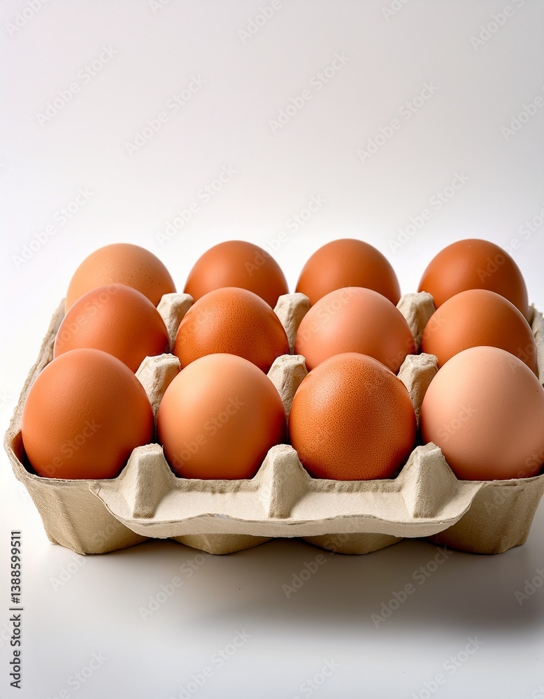 A clean, high-resolution image of a dozen fresh eggs neatly arranged in an open carton against a pure white background. A clean, high-resolution image of a dozen fresh eggs neatly arranged in an open carton against a pure white background.
