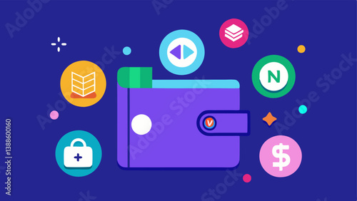 Crypto Wallet with NFTs A digital wallet showcasing a variety of NFTs represented as colorful icons or tokens indicating ownership of these unique digital assets.