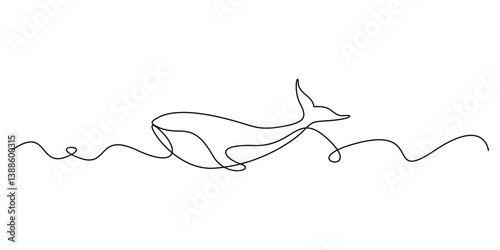 Continuous single drawn one line drawing of whale. Vector illustration