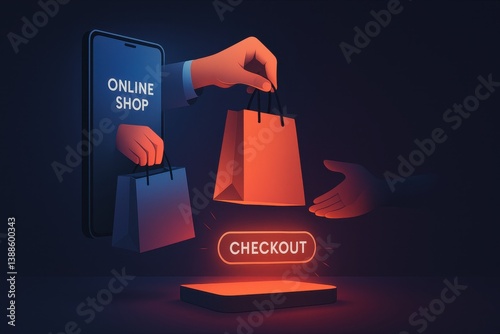 Online shop checkout with hands exchanging shopping bag from smartphone