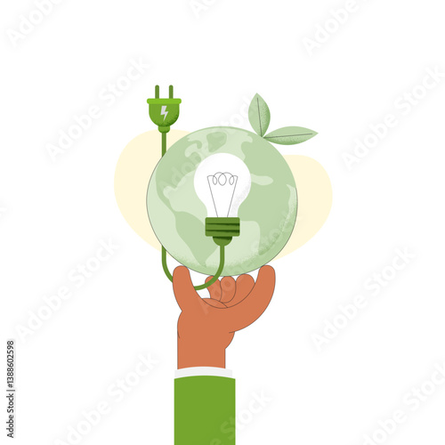 Hand holding Earth globe with Light bilb. Earth Day, World Environment Day. Green Energy concept. Sustainable ecology and environment conservation concept design. Vector illustration.