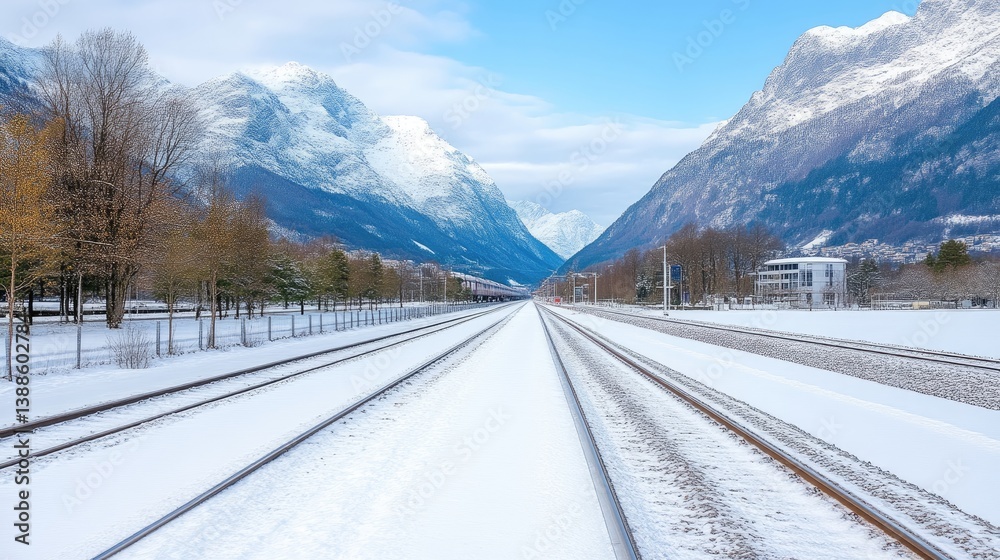 Snow-covered train tracks stretch towards snow-capped mountains. Bare winter trees line the tracks. A building is visible in the distance. The image is high-resolution and features clear, crisp ligh Snow-covered train tracks stretch towards snow-capped mountains. Bare winter trees line the tracks. A building is visible in the distance. The image is high-resolution and features clear, crisp ligh
