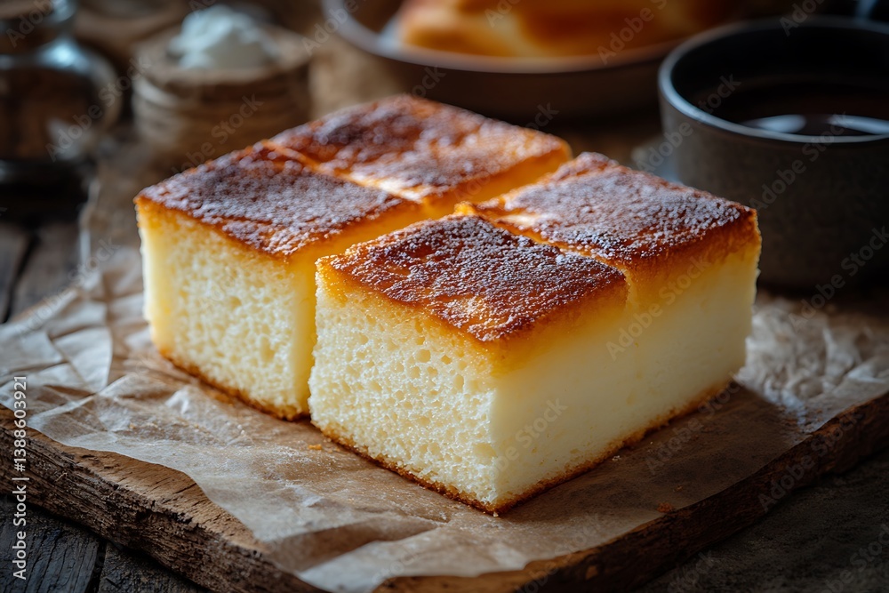 Sweet Cake Squares on Rustic Board Sweet Cake Squares on Rustic Board