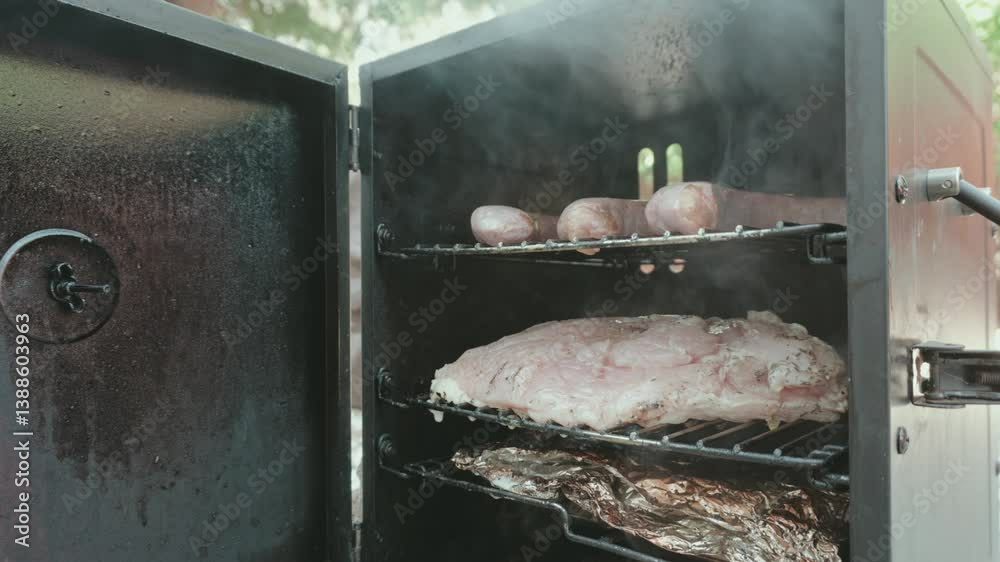 Box smoker with its door open, revealing meat being smoked on racks inside