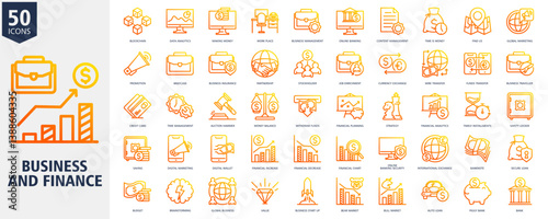 Business and Finance Icon Set Outline gradient Style with blockchain, data analytics, making money, work place, business management, online banking, content management, time is money,global marketing
