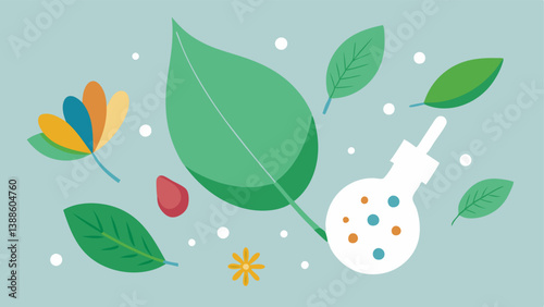 Natural Ingredients An illustration of botanical elements like leaves or flowers emitting exosomes emphasizing the natural basis of the ingredients within the serum.