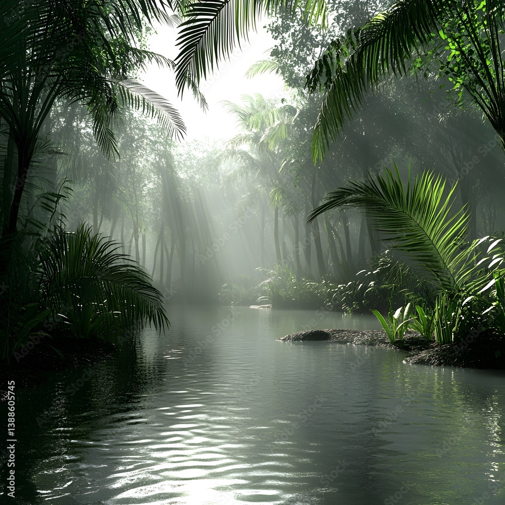 Misty Tropical River Jungle Scene Sunlight Through Palm Trees Misty Tropical River Jungle Scene Sunlight Through Palm Trees