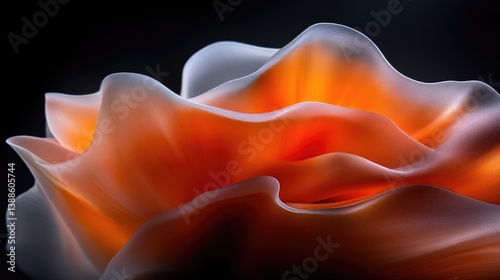 Abstract, flowing, organic form with vibrant color gradients.  A close-up view of undulating, textured layers that create a sense of depth and movement.  Soft lighting highlights the folds and curves
