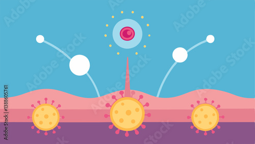 Microscopic View of Nanoparticles An illustration showing tiny glowing nanoparticles engaging with skin cells demonstrating how nanotechnology trates the skin for tightening
