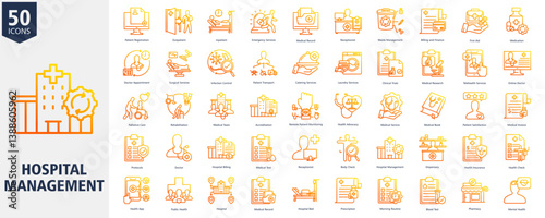 Hospital Management Icon Set outline gradient Style with Patient Registration, Outpatient, Inpatient, Emergency Services, Medical Record, Receptionist, Waste Management, Billing and Finance,First Aid
