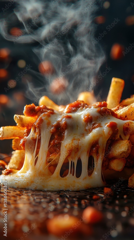A close-up of a hot and cheesy chili cheese fries,