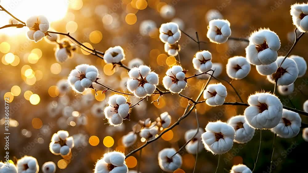Cotton plants with white fluffy bolls glowing in golden sunset light, 4k loop