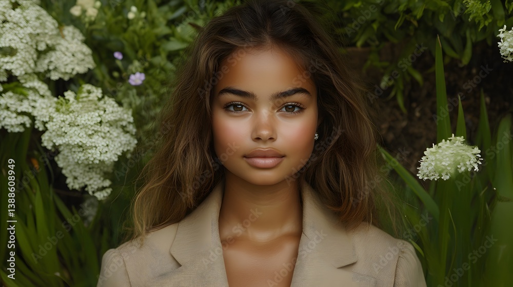 Stunning Woman Portrait Amidst Blooming Flowers