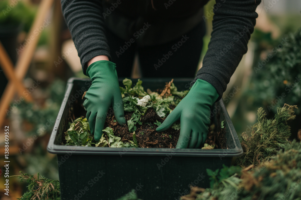 Gardener Preparing Compost with Organic Waste