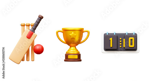 A cricket set with bat ball wickets trophy and scoreboard showing one to zero on a black background png