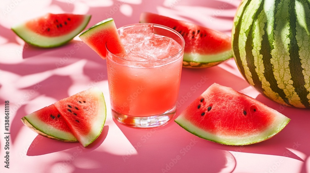 Refreshing watermelon cocktail with ice, surrounded by juicy watermelon slices on a vibrant pink background, capturing the essence of summer coolness and fruity delight Refreshing watermelon cocktail with ice, surrounded by juicy watermelon slices on a vibrant pink background, capturing the essence of summer coolness and fruity delight