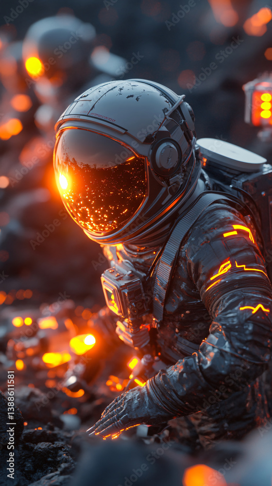 Astronaut Space Exploration: Futuristic Sci-Fi in a Cosmic Galaxy with Alien Landscape and Glowing Planet Surface Astronaut Space Exploration: Futuristic Sci-Fi in a Cosmic Galaxy with Alien Landscape and Glowing Planet Surface