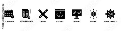 Software development life cycle banner web icon vector illustration concept of sdlc with icon of planning, requirements, design, coding, testing, deploy and maintenance