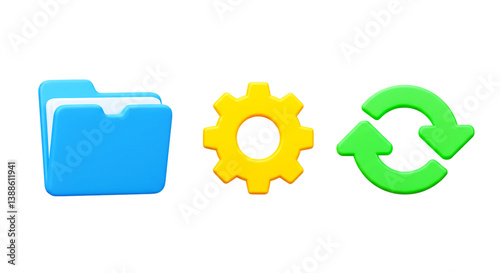  Essential System Icons: Blue Folder, Yellow Gear & Green Refresh Arrows - 3D Render for File Management, Settings, Updates, Data Synchronization & Digital Workflow on white