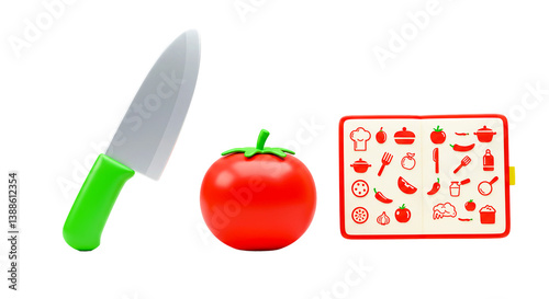 Still life of a toy knife a toy tomato and a toy cutting board with kitchen icons on a black background png