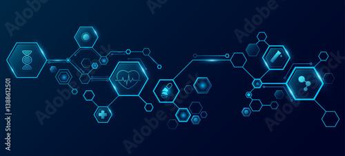 Glowing connected hexagons with health care icons on dark blue backdrop. Medical technology background. Digital health insurance concept and access to welfare. Vector illustration. EPS 10