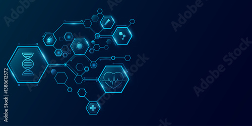 Blue glowing connected hexagons with health care icons. Medical tech background. Digital health insurance concept and access to welfare. Vector illustration. EPS 10